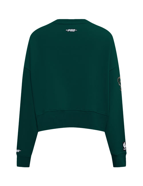 A dark green cropped crewneck sweatshirt shown from the back, featuring small white graphic prints on the upper back and both cuffs, set against a plain white background.