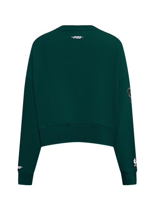 A dark green cropped crewneck sweatshirt shown from the back, featuring small white graphic prints on the upper back and both cuffs, set against a plain white background.