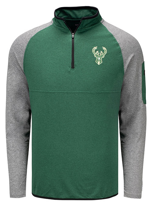 New Era Active Spine Milwaukee Bucks 1/4 Zip Pullover In Green & Grey - Front View