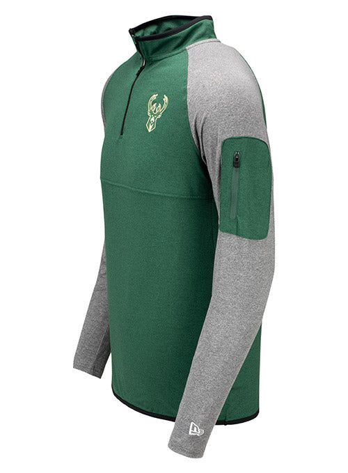 New Era Active Spine Milwaukee Bucks 1/4 Zip Pullover In Green & Grey - Left Side View