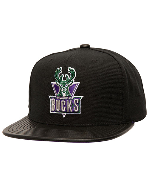 Mitchell & Ness HWC '93 Leather Strap Milwaukee Bucks Snapback Hat-front