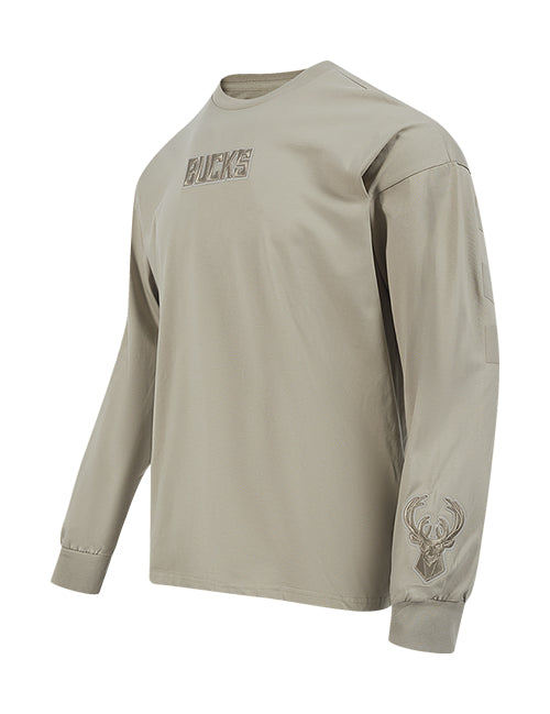 Pro Standard Wingspan Milwaukee Bucks Taupe Drop Shoulder Long Sleeve T-Shirt-angled front