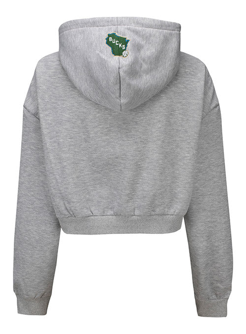 Women's The Wild Collective Embossed Spark Cropped Hooded Sweatshirt In Grey & Green - Back View