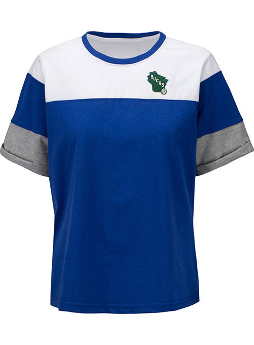 Women's Antigua Flip Icon State Milwaukee Bucks T-Shirt In Blue, White & Grey - Front View