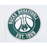 Pro Standard Classic Chenille Milwaukee Bucks T-Shirt In White & Green - Zoom View On Left Sleeve Graphic