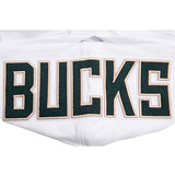 Pro Standard Logos White Milwaukee Bucks Hooded Sweatshirt - Zoom View On Hood Back Graphics