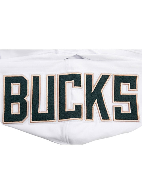 Pro Standard Logos White Milwaukee Bucks Hooded Sweatshirt - Zoom View On Hood Back Graphics