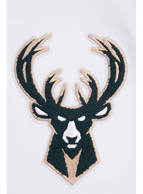 Pro Standard Logos White Milwaukee Bucks Hooded Sweatshirt - Zoom View On Left Chest Graphic