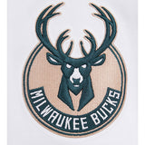 Pro Standard Logos White Milwaukee Bucks Hooded Sweatshirt - Zoom View On Right Shoulder Graphic