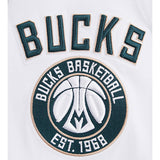 Pro Standard Logos White Milwaukee Bucks Hooded Sweatshirt - Zoom View On Left Shoulder Graphics