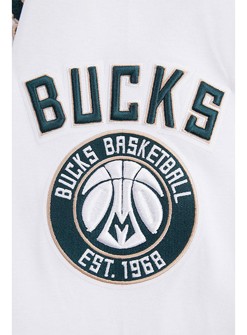 Pro Standard Logos White Milwaukee Bucks Hooded Sweatshirt - Zoom View On Left Shoulder Graphics