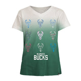 Youth New Era Patterned Icon Logos Milwaukee Bucks T-Shirt In Green, Cream & Multi-Color - Front View