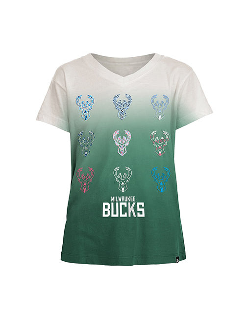 Youth New Era Patterned Icon Logos Milwaukee Bucks T-Shirt In Green, Cream & Multi-Color - Front View