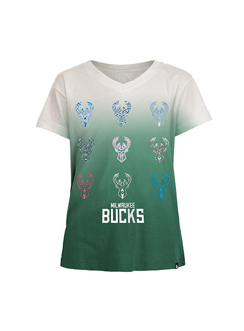 Youth New Era Patterned Icon Logos Milwaukee Bucks T-Shirt In Green, Cream & Multi-Color - Front View