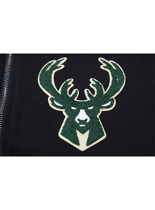 Pro Standard Logos Black Milwaukee Bucks Full-Zip Hooded Sweatshirt - Zoom View On Left Chest Graphic