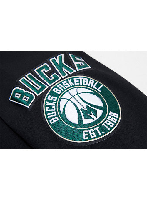 Pro Standard Logos Black Milwaukee Bucks Full-Zip Hooded Sweatshirt - Zoom View On Left Shoulder Graphics