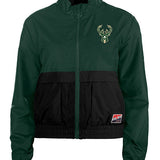 Women's New Era Throwback Milwaukee Bucks Jacket In Green & Black - Front View