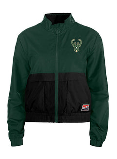 Women's New Era Throwback Milwaukee Bucks Jacket In Green & Black - Front View