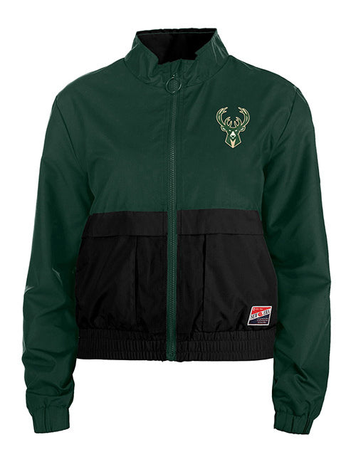 Women's New Era Throwback Milwaukee Bucks Jacket In Green & Black - Front View