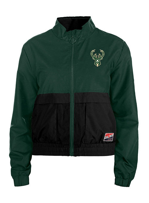 Women's New Era Throwback Milwaukee Bucks Jacket In Green & Black - Front View