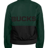 Women's New Era Throwback Milwaukee Bucks Jacket In Green & Black - Back View