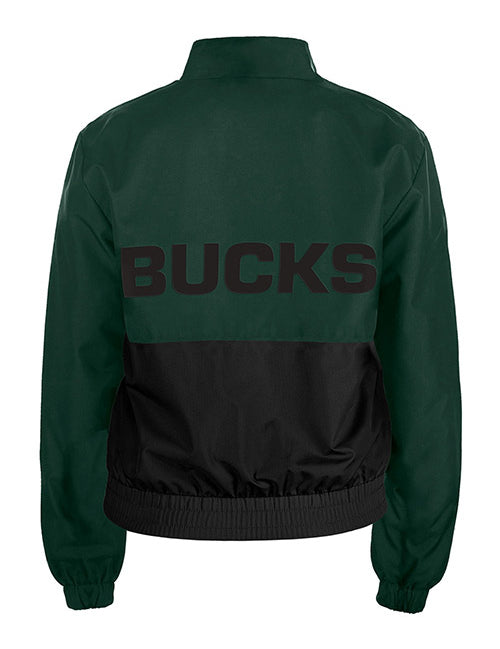 Women's New Era Throwback Milwaukee Bucks Jacket In Green & Black - Back View