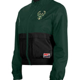 Women's New Era Throwback Milwaukee Bucks Jacket In Green & Black - Angled Front Left Side View