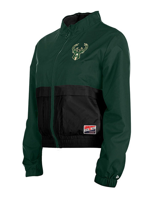 Women's New Era Throwback Milwaukee Bucks Jacket In Green & Black - Angled Front Left Side View