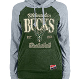 Women's New Era Throwback Milwaukee Bucks Hooded Sweatshirt In Green & Grey - Front View