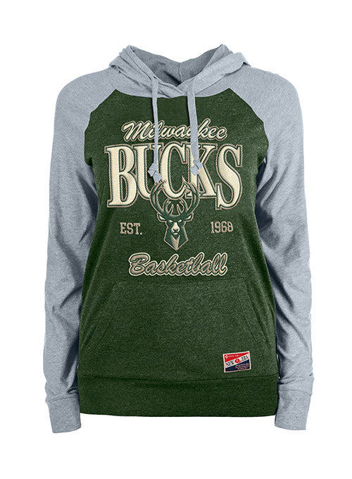 Women's New Era Throwback Milwaukee Bucks Hooded Sweatshirt In Green & Grey - Front View