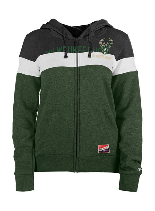 Women's New Era Throwback Milwaukee Bucks Full-Zip Hooded Sweatshirt In Green, Black & White - Front View