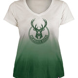 Women's New Era Throwback Dipped Milwaukee Bucks V-Neck T-Shirt In Green & Cream - Front View