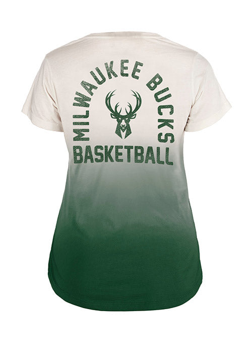 Women's New Era Throwback Dipped Milwaukee Bucks V-Neck T-Shirt In Green & Cream - Back View