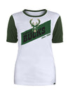 Women's New Era Throwback Slanted Milwaukee Bucks T-Shirt In White & Green - Front View