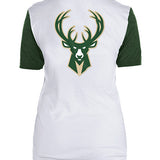 Women's New Era Throwback Slanted Milwaukee Bucks T-Shirt In White & Green - Back View