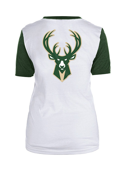 Women's New Era Throwback Slanted Milwaukee Bucks T-Shirt In White & Green - Back View