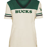 Women's New Era Throwback Milwaukee Bucks V-Neck T-Shirt In Cream & Green - Front View