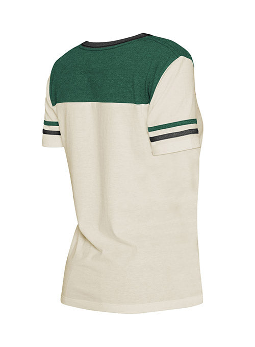 Women's New Era Throwback Milwaukee Bucks V-Neck T-Shirt In Cream & Green - Back View