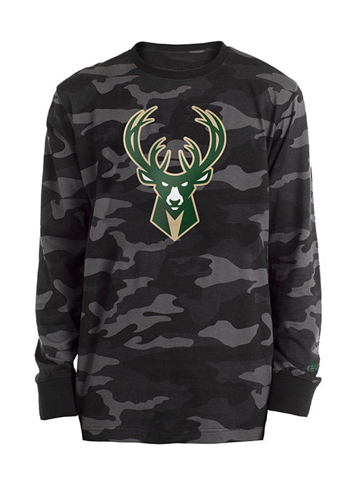 New Era Dark Camo Icon Black Milwaukee Bucks Long Sleeve T-Shirt - Front View