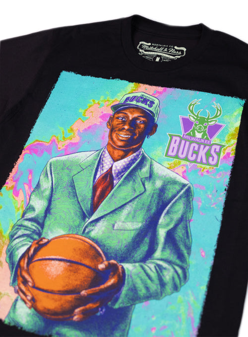 Mitchell & Ness Draft Day Colorwash Ray Allen Black Milwaukee Bucks T-Shirt-close up