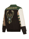JH Design Conference Stripe Milwaukee Bucks Varsity Jacket in Black - Back View