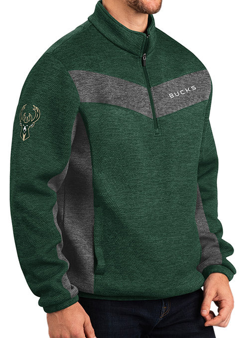 G-III Infielder Green Milwaukee Bucks 1/2 Zip Jacket - Angled Front Right View On Model