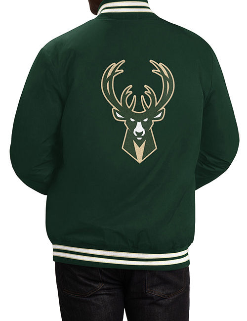 G-III Varsity Swingman Green Milwaukee Bucks Snapfront Jacket - Back View On Model