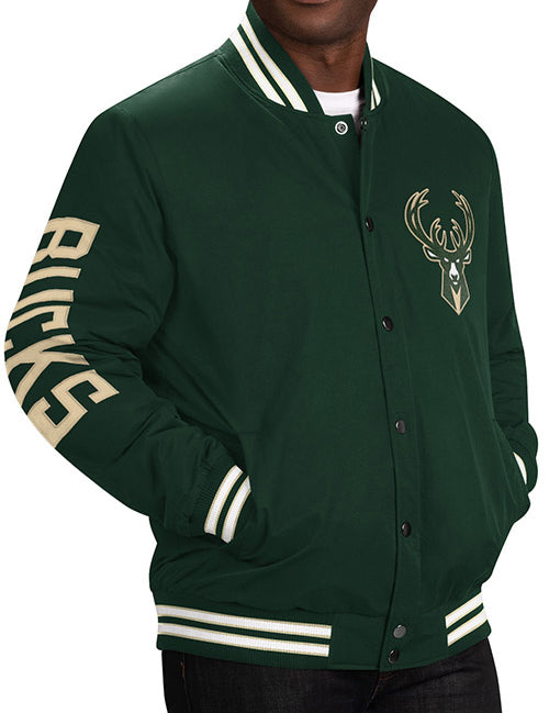 G-III Varsity Swingman Green Milwaukee Bucks Snapfront Jacket - Front View On Model