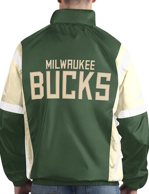 Starter The Kick Off Milwaukee Bucks Full Zip Jacket In Green, White & Cream - Back View On Model