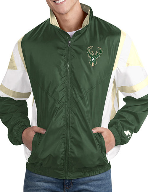 Starter The Kick Off Milwaukee Bucks Full Zip Jacket In Green, White & Cream - Front View On Model