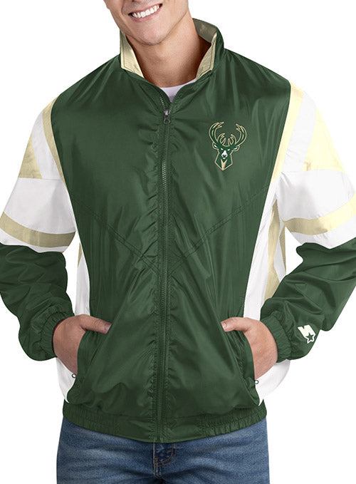 Starter The Kick Off Milwaukee Bucks Full Zip Jacket In Green, White & Cream - Front View On Model