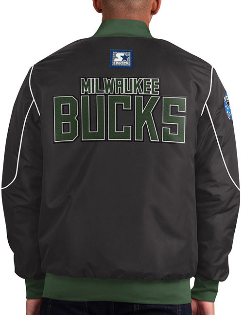 Starter Block Out Milwaukee Bucks Snap Varsity Jacket In Black - Back View On Model