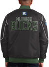 Starter Block Out Milwaukee Bucks Snap Varsity Jacket In Black - Back View On Model