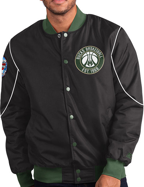 Starter Block Out Milwaukee Bucks Snap Varsity Jacket In Black - Front View On Model